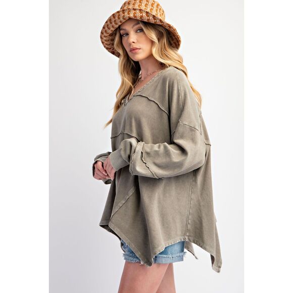 1010 EASEL Medium Mineral Washed Terry Knit V Neck Oversized Top - Picture 2 of 5